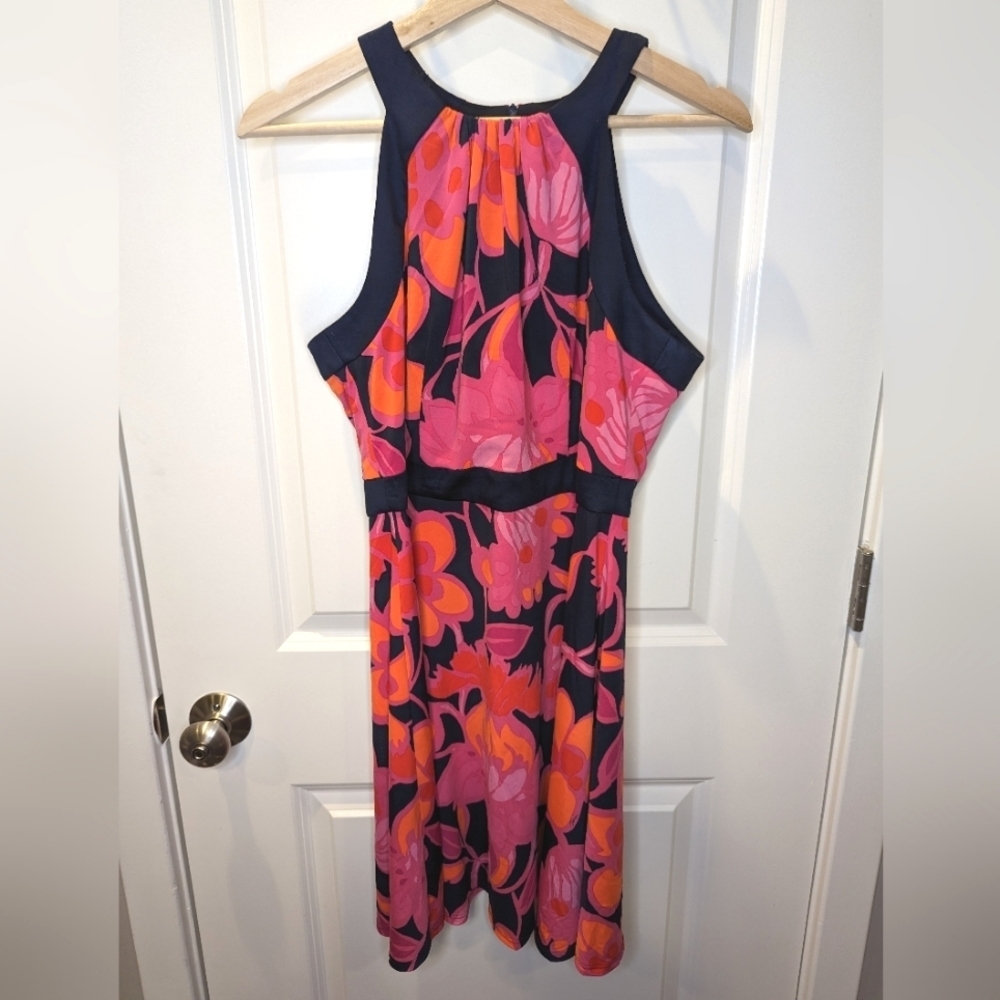TRINA Turk Sleeveless Mini Sun Dress Stretchy - Floral Navy Red Pink Size 10